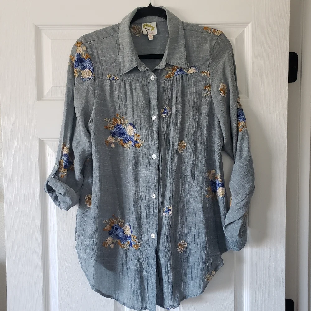 Anthro Fig and Flower Dusty Grey Blue Embroidered Collar Cottagecore Top #31 - Picture 2 of 9